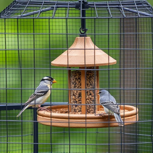 Birds feeding inside squirrel-proof cage