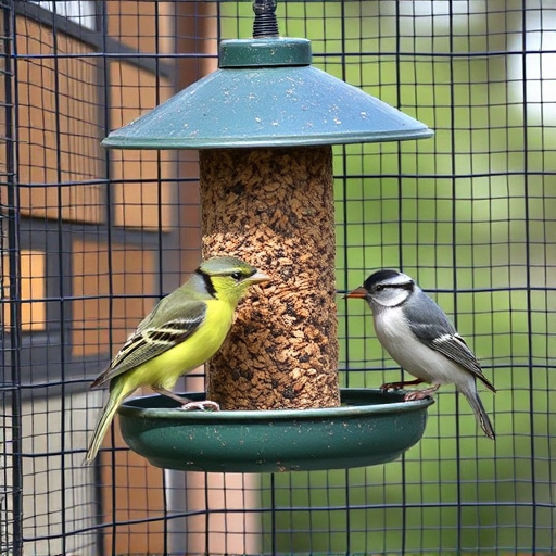 Birds feeding inside squirrel-proof cage