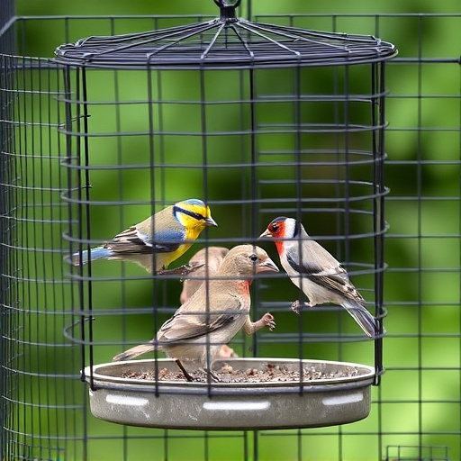 Birds feeding inside squirrel-proof cage