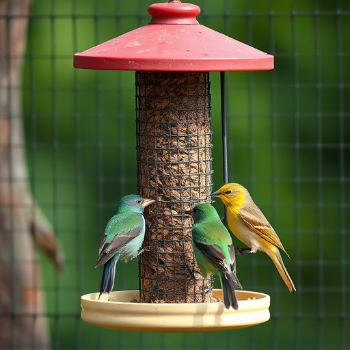 Birds feeding inside squirrel-proof cage