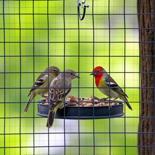 Birds feeding inside squirrel-proof cage
