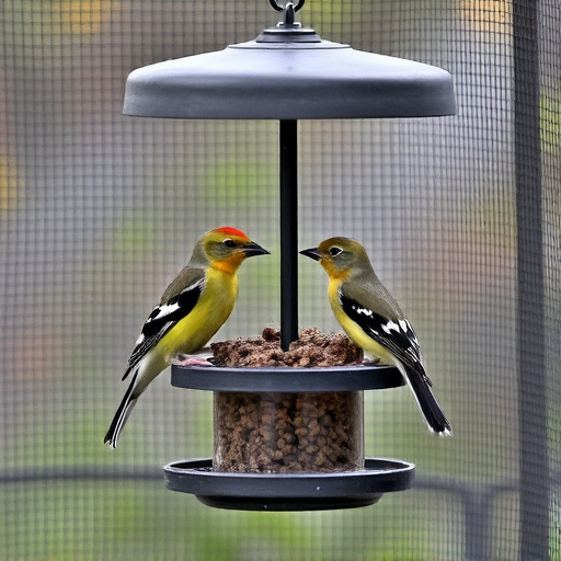 Birds feeding inside squirrel-proof cage
