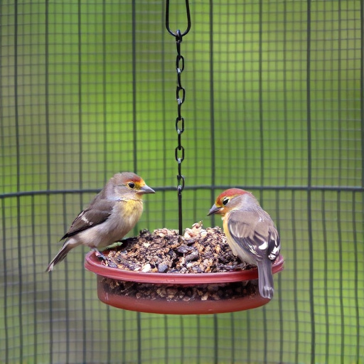 Birds feeding inside squirrel-proof cage