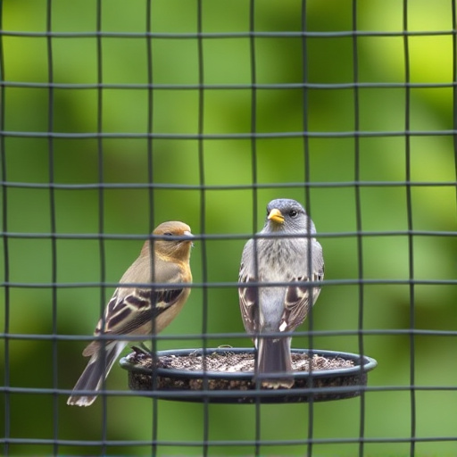 Birds feeding inside squirrel-proof cage