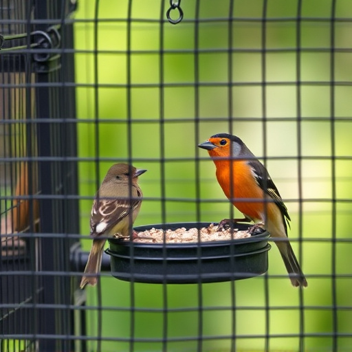 Birds feeding inside squirrel-proof cage