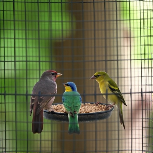 Birds feeding inside squirrel-proof cage