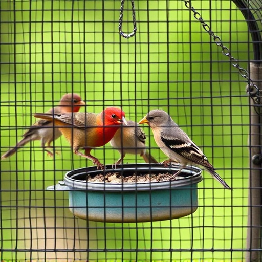 Birds feeding inside squirrel-proof cage