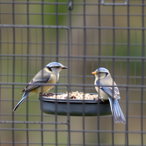 Birds feeding inside squirrel-proof cage