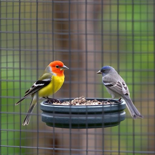 Birds feeding inside squirrel-proof cage