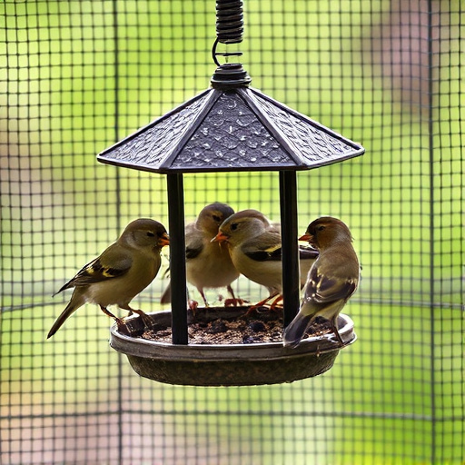 Birds feeding inside squirrel-proof cage