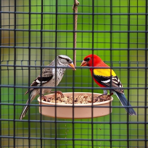 Birds feeding inside squirrel-proof cage