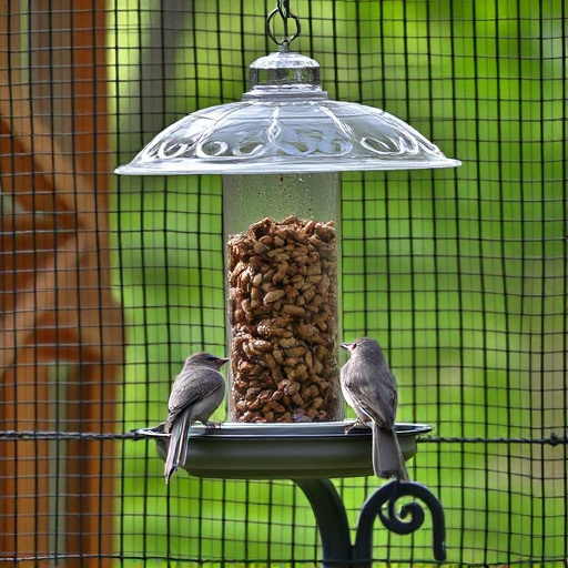 Birds feeding inside squirrel-proof cage