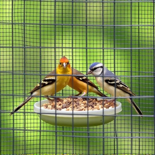 Birds feeding inside squirrel-proof cage