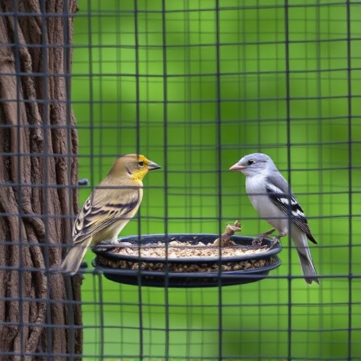 Birds feeding inside squirrel-proof cage