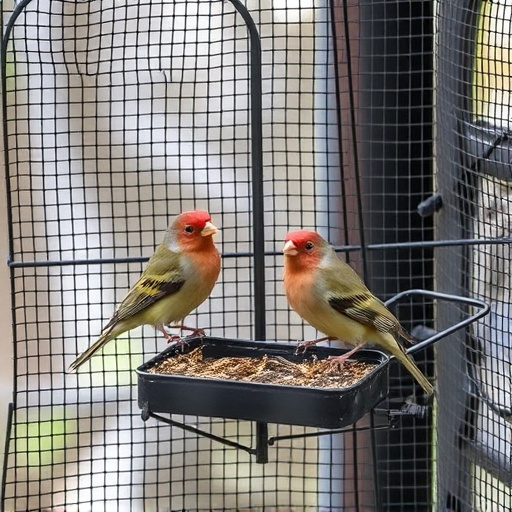 Birds feeding inside squirrel-proof cage