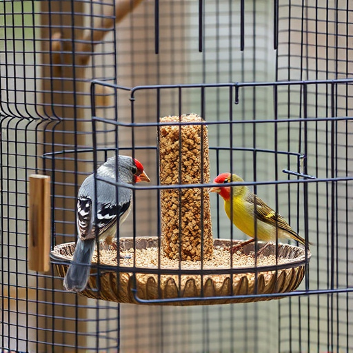 Birds feeding inside squirrel-proof cage