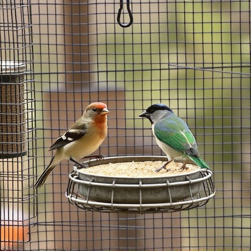 Birds feeding inside squirrel-proof cage
