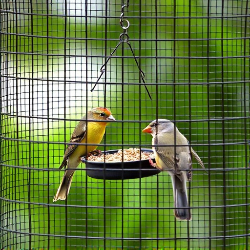 Birds feeding inside squirrel-proof cage