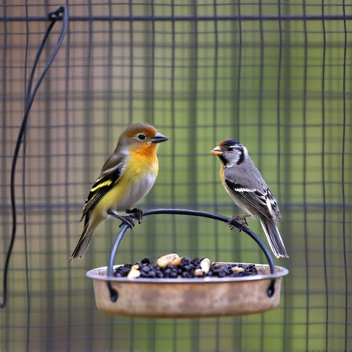 Birds feeding inside squirrel-proof cage