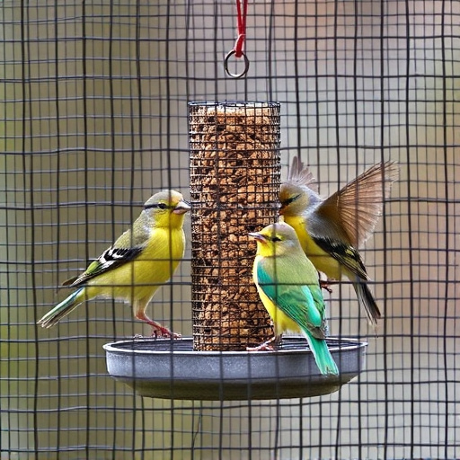 Birds feeding inside squirrel-proof cage