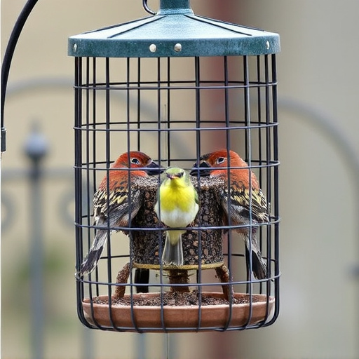 Birds feeding inside squirrel-proof cage