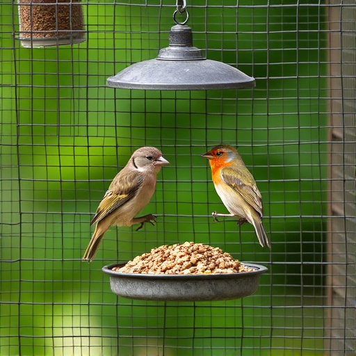 Birds feeding inside squirrel-proof cage