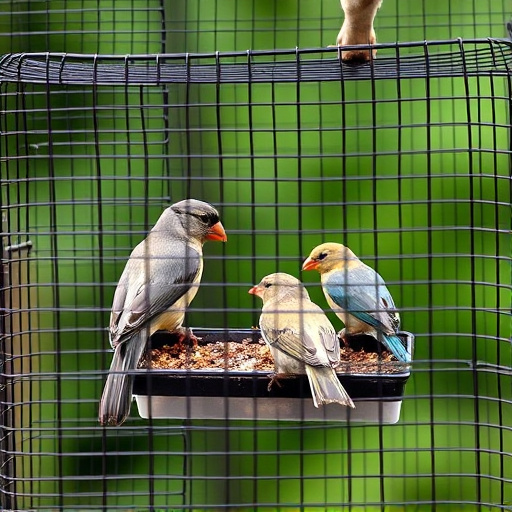 Birds feeding inside squirrel-proof cage