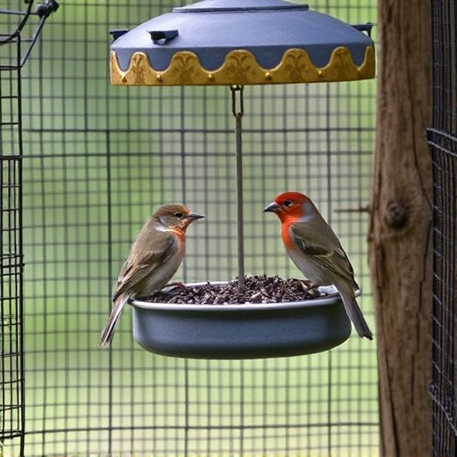 Birds feeding inside squirrel-proof cage