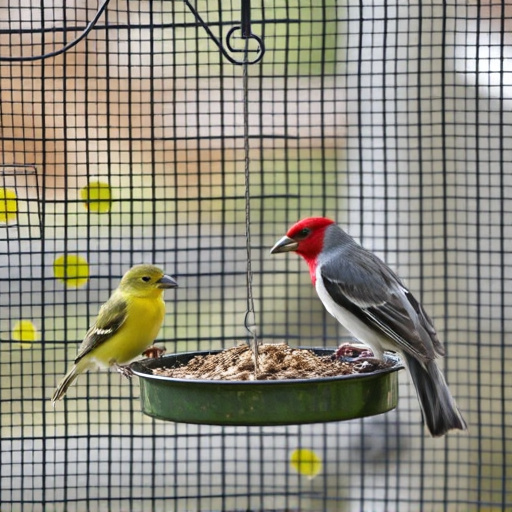 Birds feeding inside squirrel-proof cage