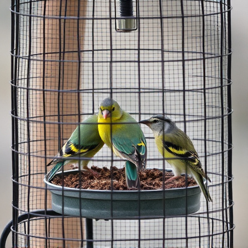 Birds feeding inside squirrel-proof cage