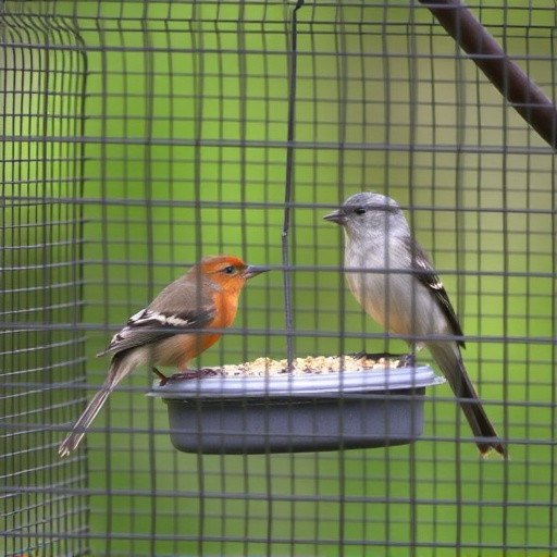 Birds feeding inside squirrel-proof cage
