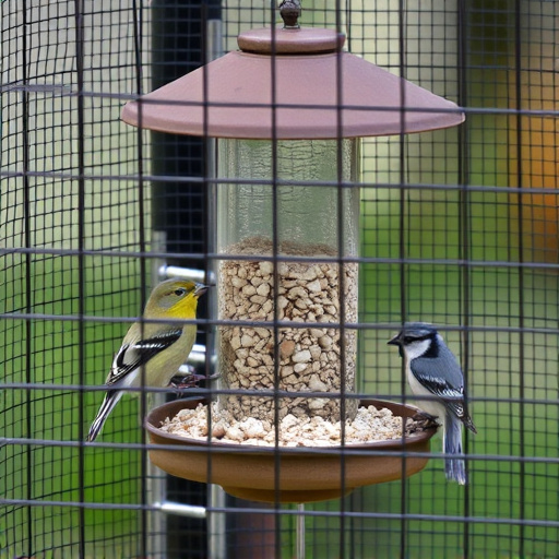 Birds feeding inside squirrel-proof cage