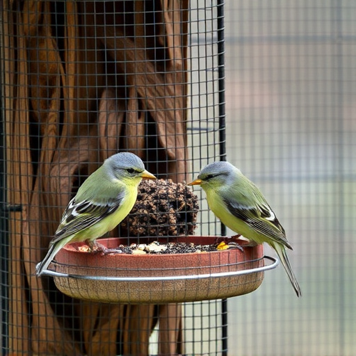 Birds feeding inside squirrel-proof cage