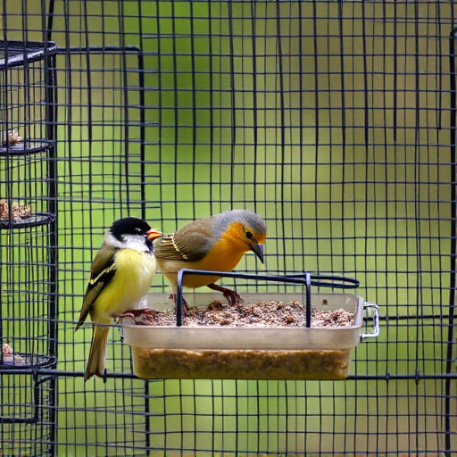 Birds feeding inside squirrel-proof cage