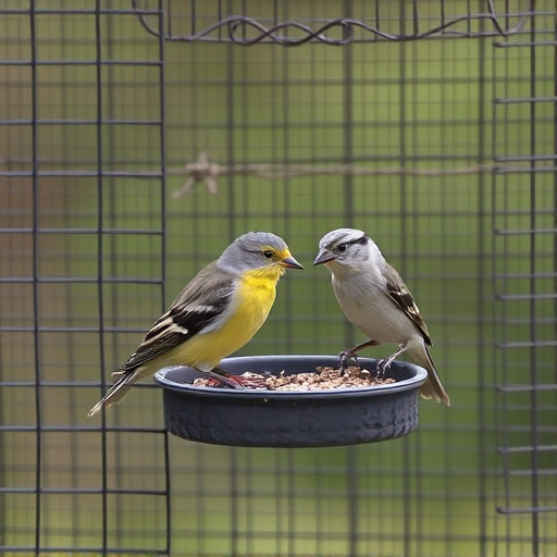 Birds feeding inside squirrel-proof cage