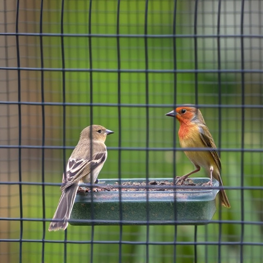 Birds feeding inside squirrel-proof cage