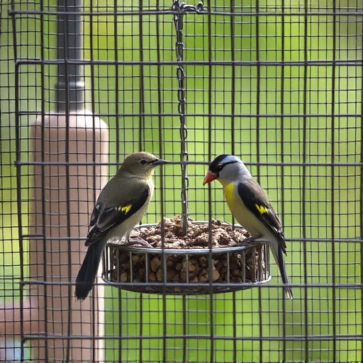 Birds feeding inside squirrel-proof cage