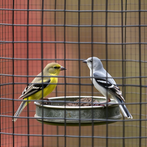 Birds feeding inside squirrel-proof cage