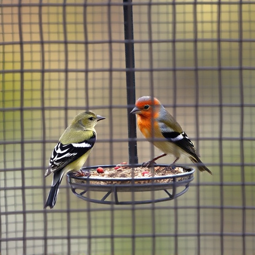 Birds feeding inside squirrel-proof cage