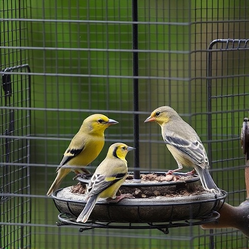 Birds feeding inside squirrel-proof cage