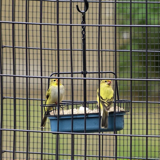 Birds feeding inside squirrel-proof cage