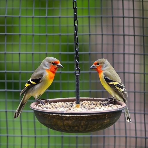 Birds feeding inside squirrel-proof cage