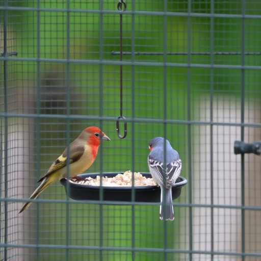 Birds feeding inside squirrel-proof cage
