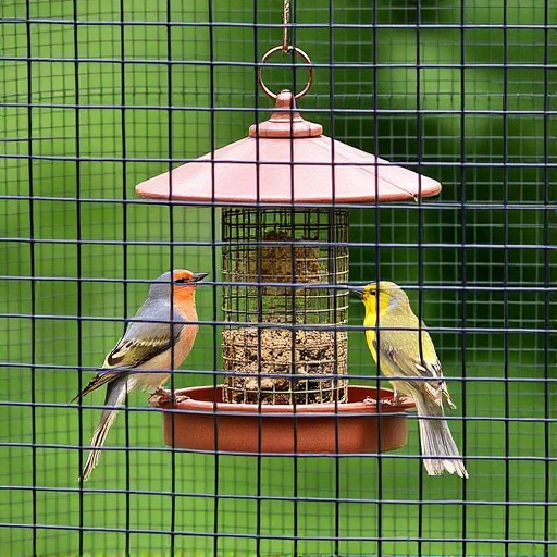 Birds feeding inside squirrel-proof cage