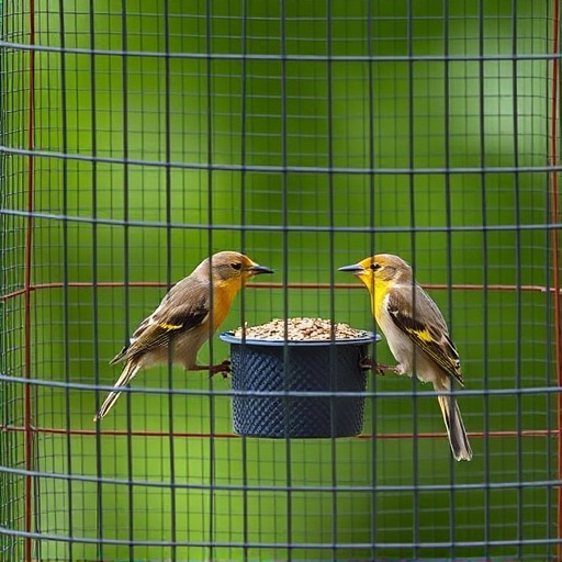 Birds feeding inside squirrel-proof cage