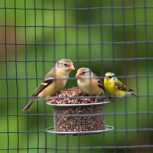 Birds feeding inside squirrel-proof cage