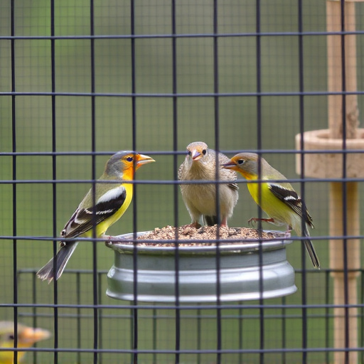 Birds feeding inside squirrel-proof cage
