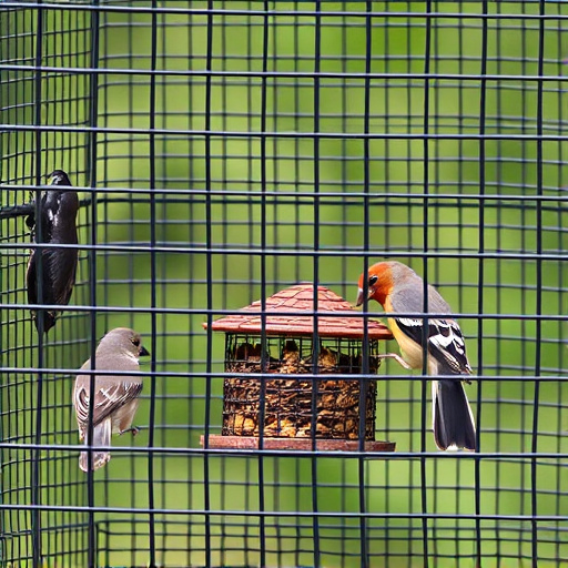 Birds feeding inside squirrel-proof cage