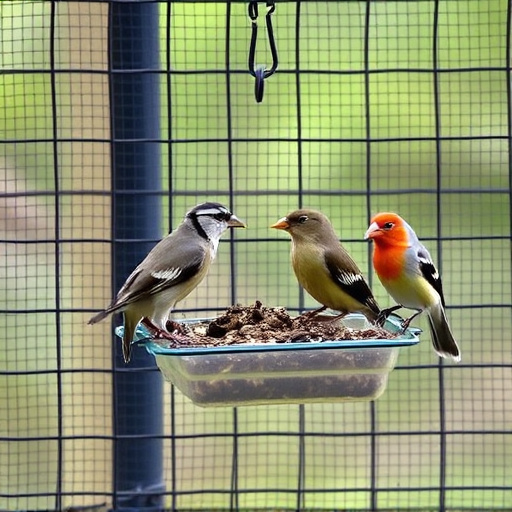 Birds feeding inside squirrel-proof cage
