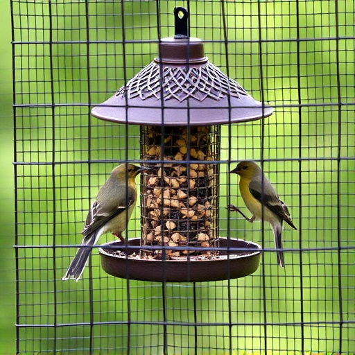 Birds feeding inside squirrel-proof cage